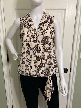 LOFT Wine and Cream Floral Sleeveless V-Neck Tie-Side Blouse